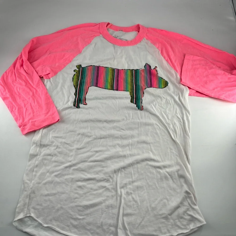 Crazy Train Pink and White Long Sleeve Tee with Striped Animal - Picture 1 of 4